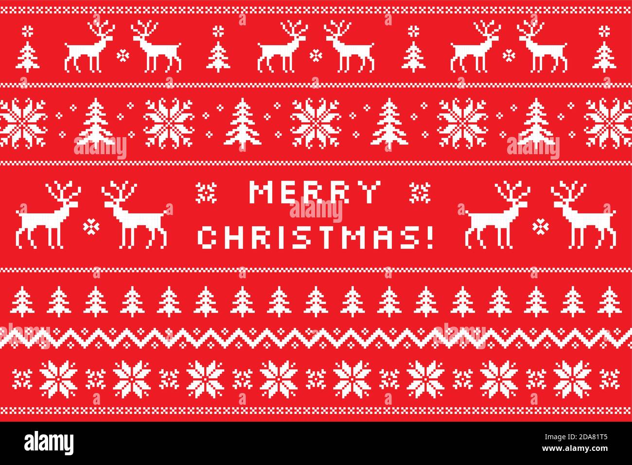 Allegro biglietto d'auguri natalizio con il classico design del maglione invernale. Modello lavorato a maglia nordica con cervi, fiocchi di neve e bordi. Natale tradizionale Illustrazione Vettoriale