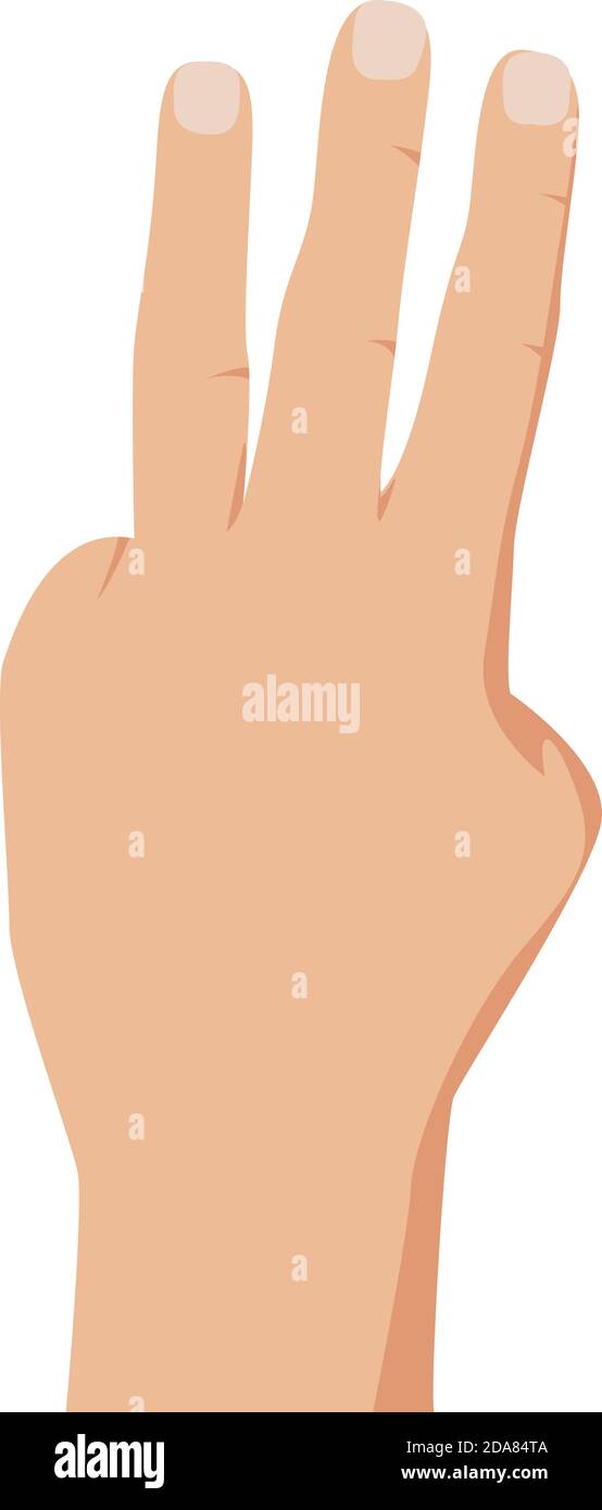 Gesto con le dita sollevate che mostra il numero tre. Illustrazione vettoriale della mano di conteggio isolata su sfondo bianco Illustrazione Vettoriale