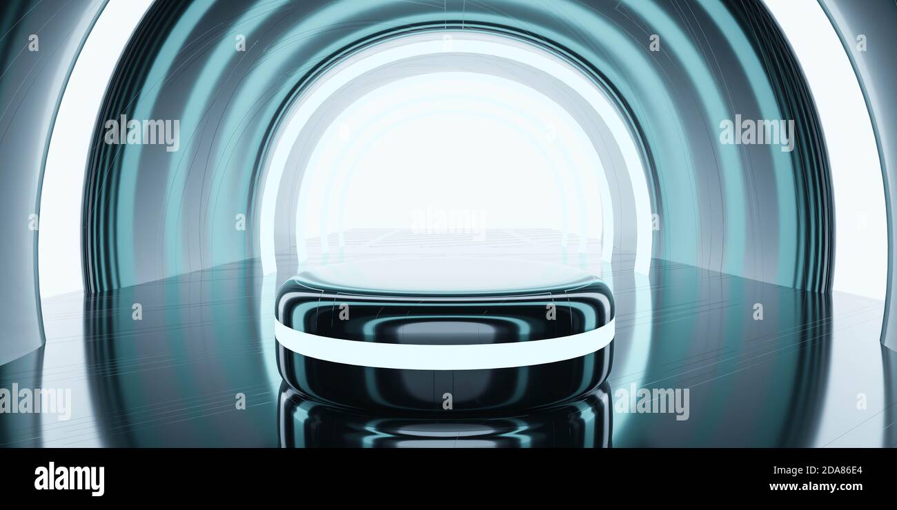 piedistallo nero dal design futuristico moderno per vetrina con piedistallo vuoto stativo con luce rossa brillante che raffigura il rendering 3d Foto Stock