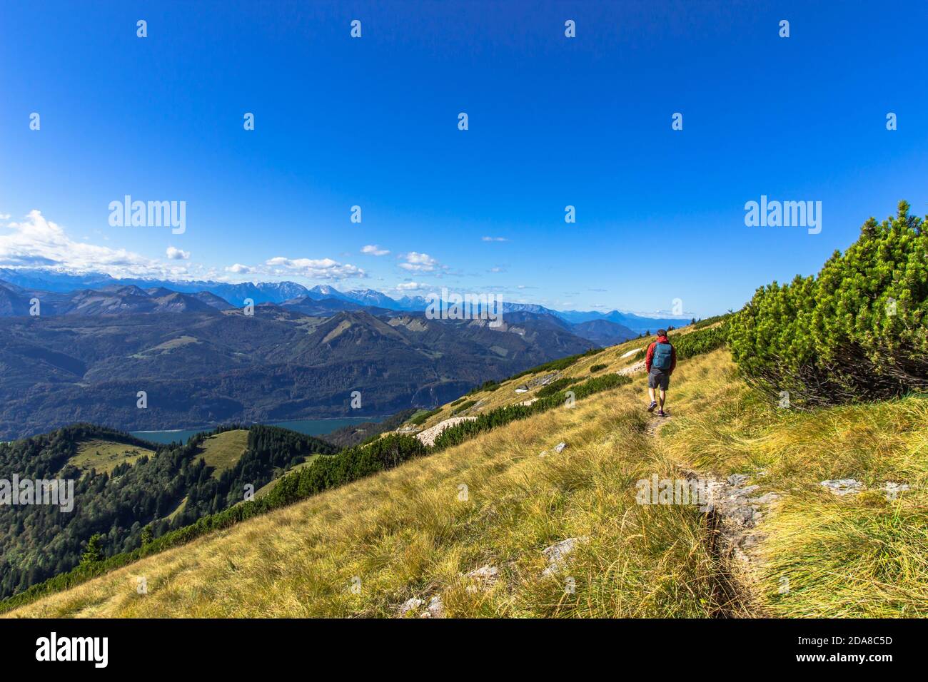 Uomo attivo escursioni sulla cima delle Alpi, Austria.Backpacker godendo di vista del panorama di montagna e lago.Escursionismo in estate luminoso sole day.Wanderlust Foto Stock