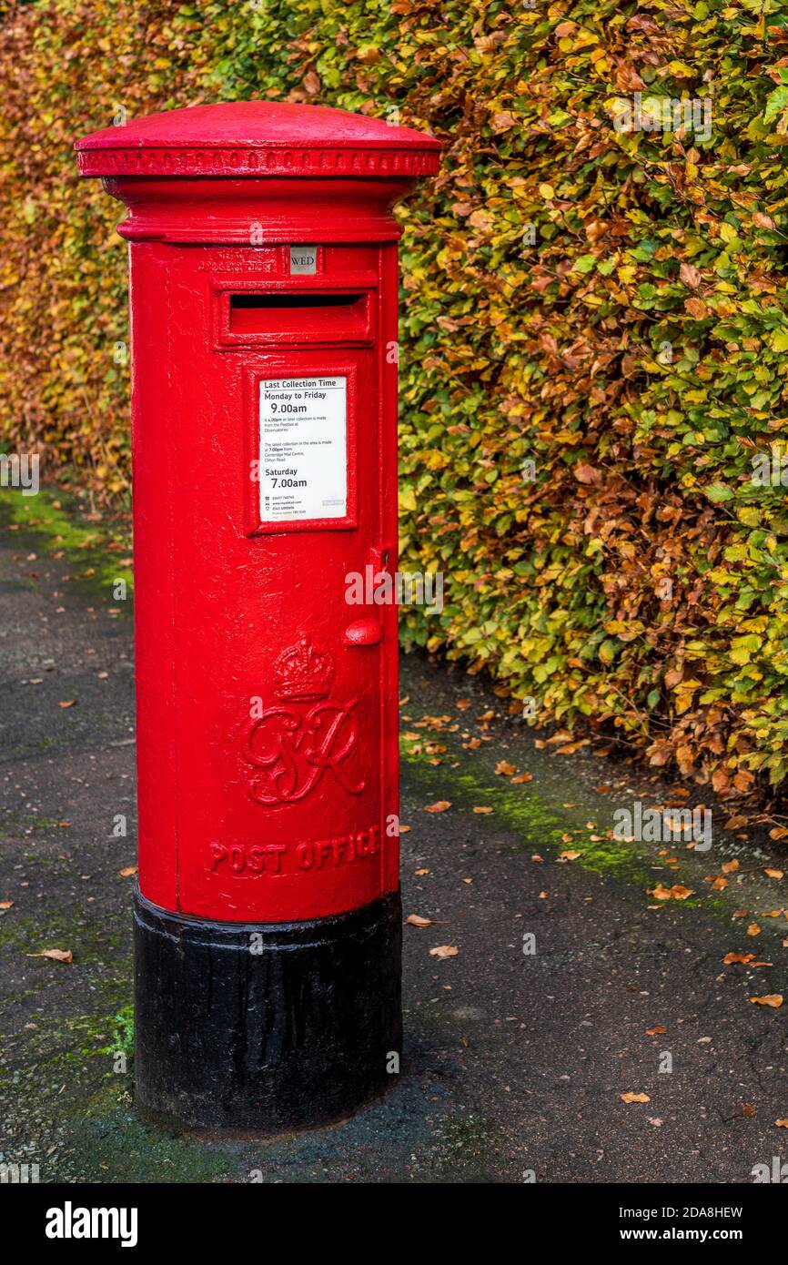 Royal Mail postbox - una scatola rossa del pilastro di King George VI a Cambridge UK. Tradizionale box pilastro britannico. Foto Stock