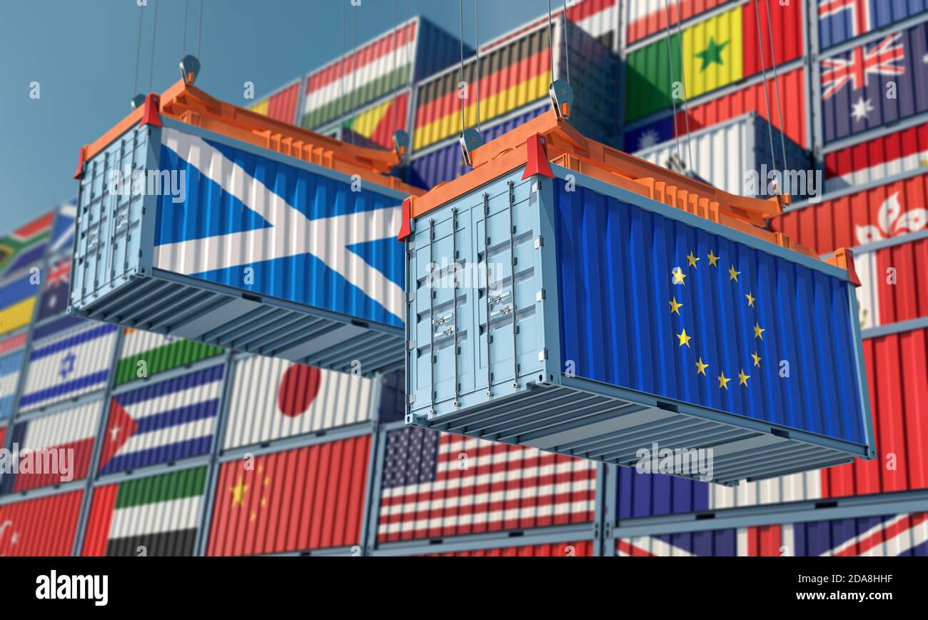 Container con bandiera dell'Unione europea e della Scozia. Rendering 3D Foto Stock