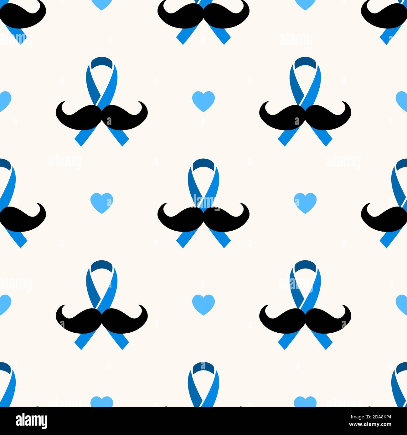 Motivo geometrico senza cuciture con baffi, nastro blu e cuori. Novembre simbolo del mese di consapevolezza, sfondo dell'illustrazione vettoriale. Sfondo per Illustrazione Vettoriale