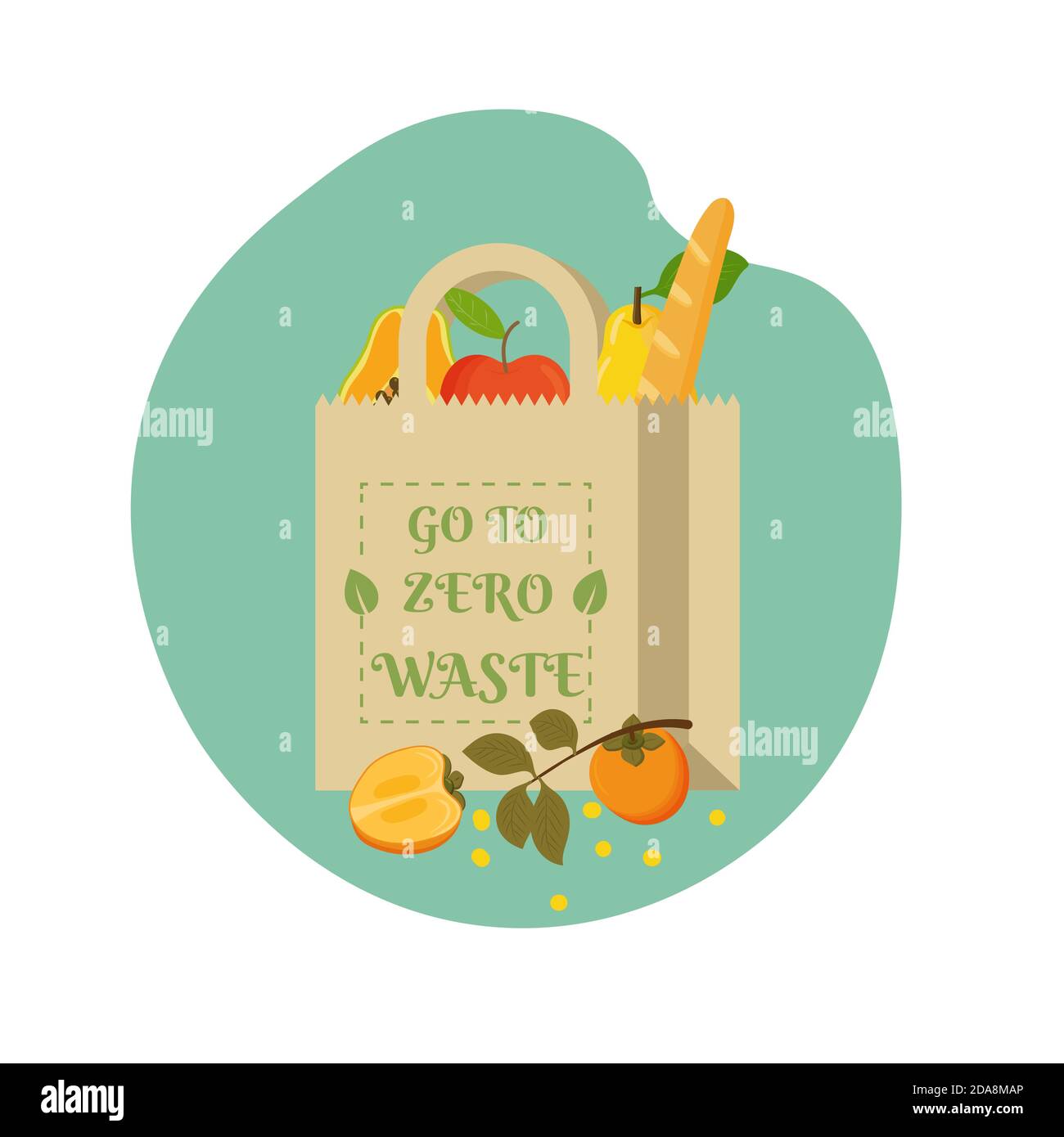 Sacchetto di carta eco con elemento va a zero ovest, con frutta e verdura. Prodotti biologici della fattoria. Concetto di cibo, illustrazione vettoriale del cartone animato. Illustrazione Vettoriale