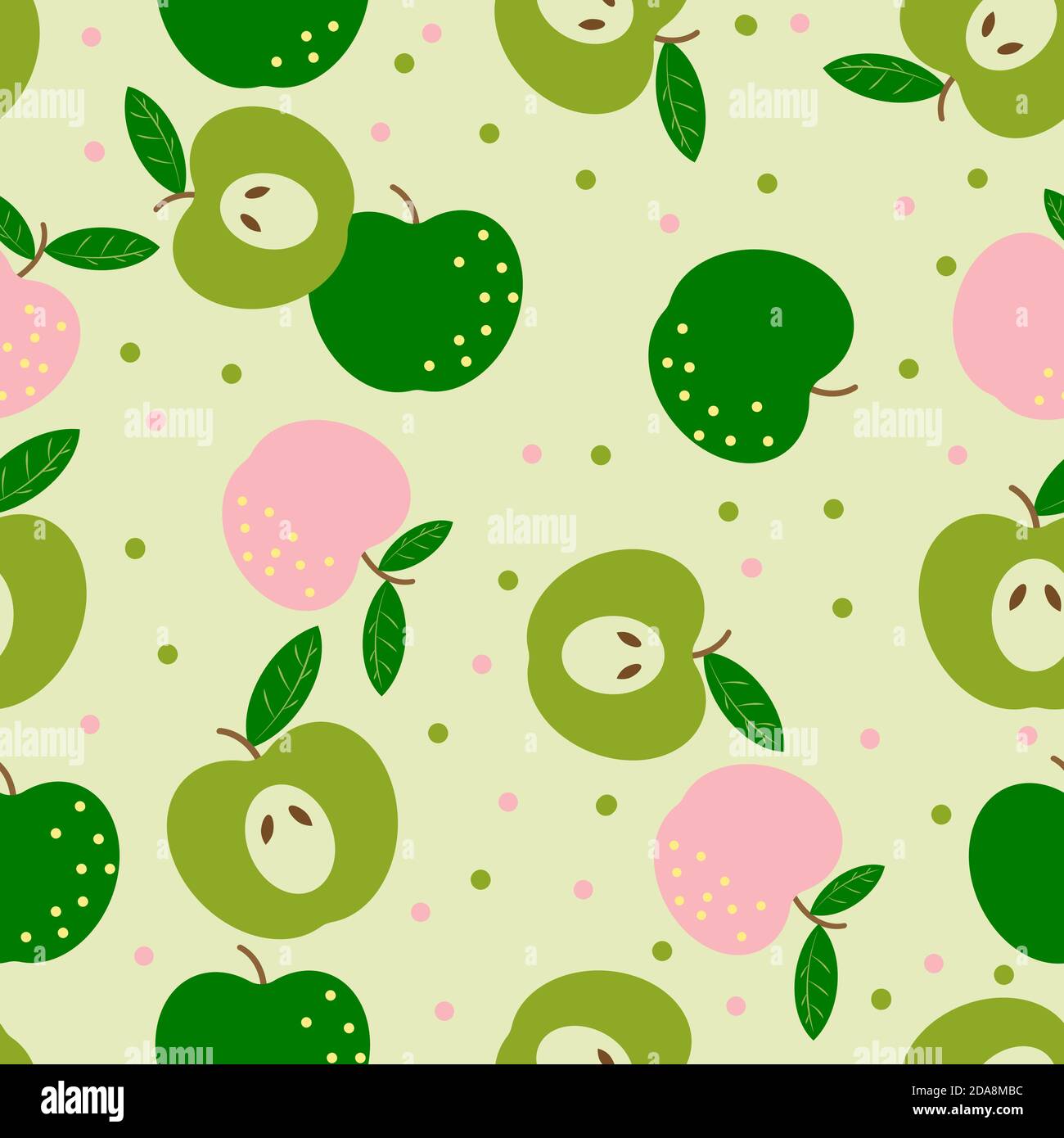 Motivo senza cuciture con mele verde frutta e rosa, su sfondo verde chiaro. Illustrazione di cartoni animati vettoriali. Illustrazione Vettoriale