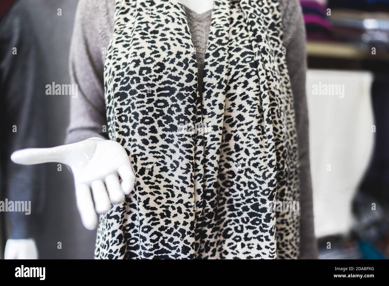 Manichino con sciarpa stampa leopardata, showroom con abbigliamento, industria della moda, prodotti in puro cashmere, tessuti biologici Foto Stock