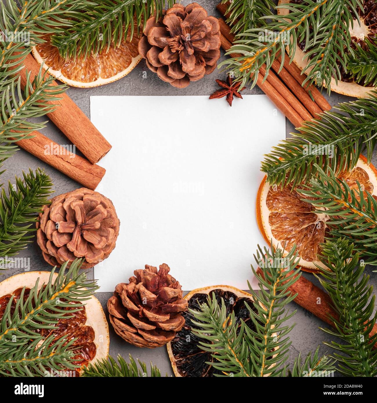 Composizione di Natale mockup. Decorazioni in cannella, anice, frutta secca, coni di pino e aghi di abete su sfondo grigio Foto Stock