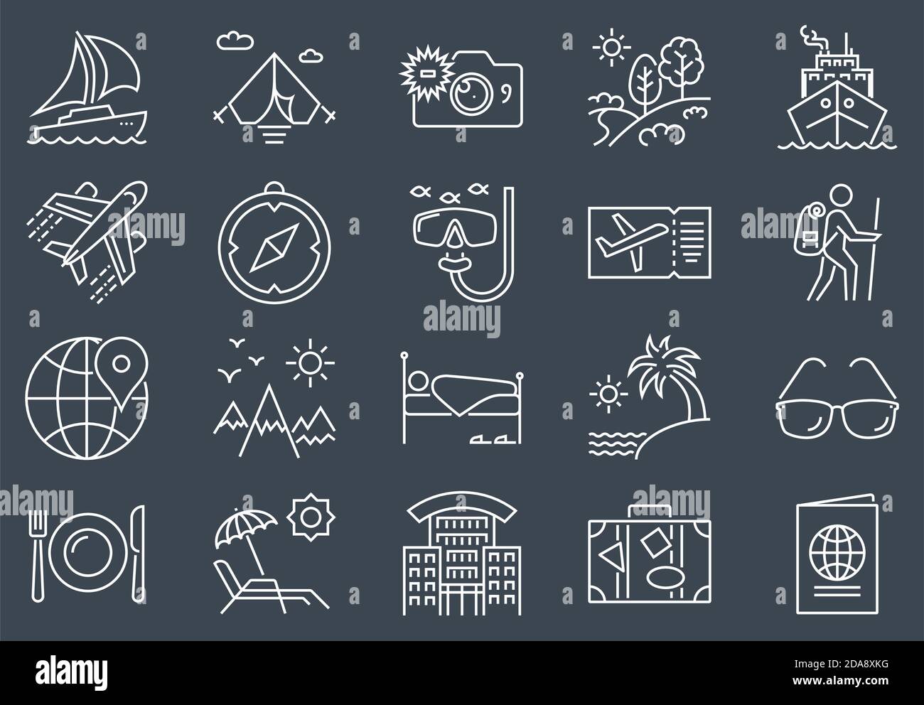 Travel Related linea del vettore Icona Set. Illustrazione Vettoriale