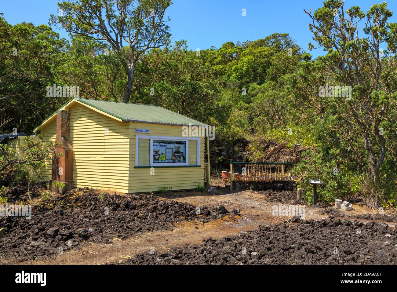 Una 'bach' o casa vacanze sull'Isola di Rangitoto, Nuova Zelanda. Questo esempio è noto come "la casa della bambola" per le sue dimensioni ridotte Foto Stock