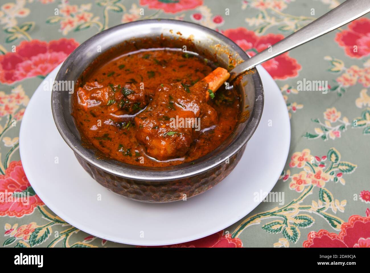 Curry di montone piccante di Rogan al curry di josh preparato in una salsa di peperoncini rossi di cagliata e spezie calde. Laal Maas piccante carne di agnello curry caldo da Jaipur Rajasthan Foto Stock