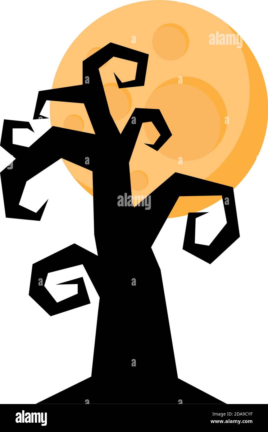 albero scuro halloween con disegno di illustrazione vettoriale a luna piena Illustrazione Vettoriale