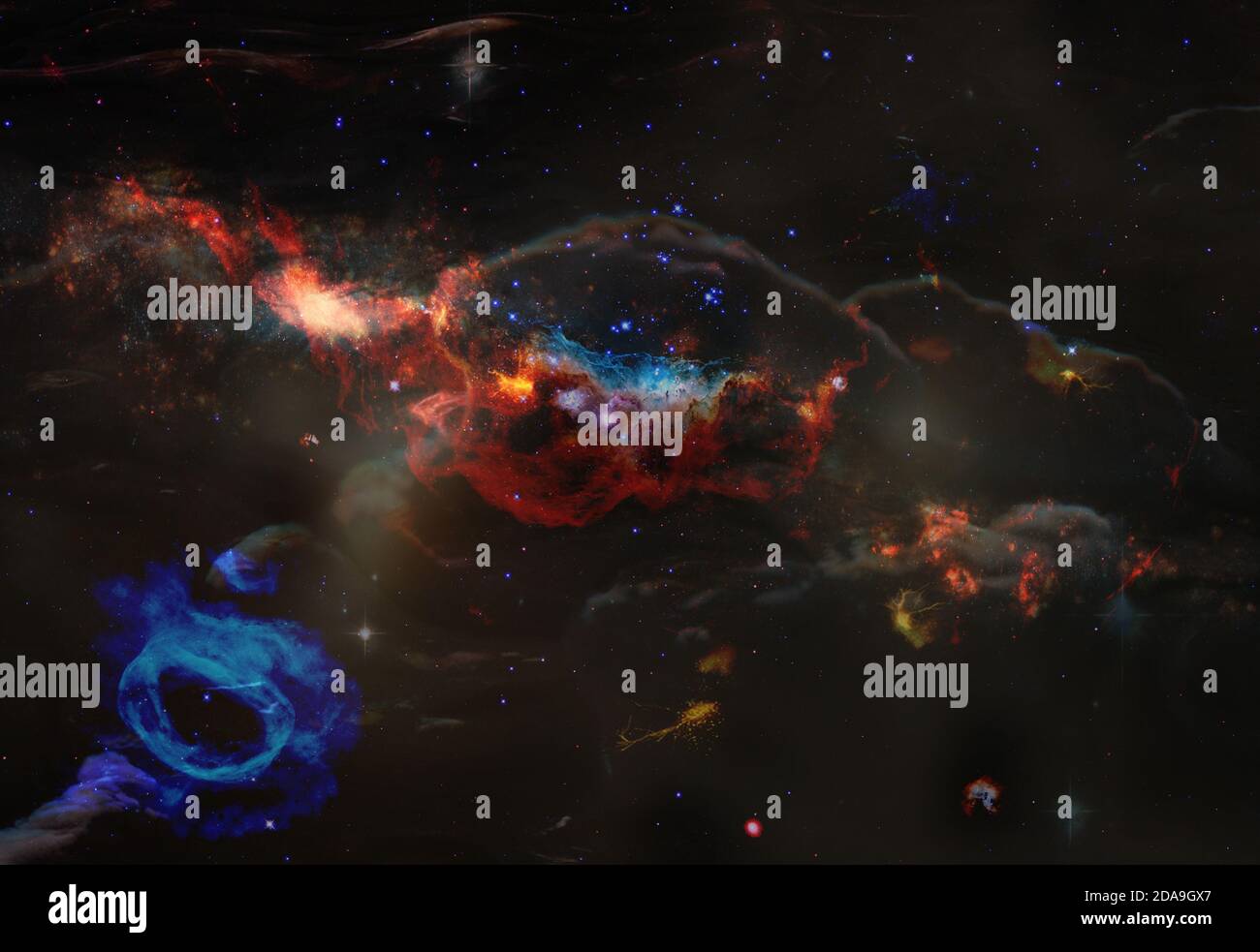 Nebulosa su stelle colorate e campi nuvolati nello spazio esterno. Sfondo astratto. Elementi di questa immagine forniti dalla NASA. Foto Stock