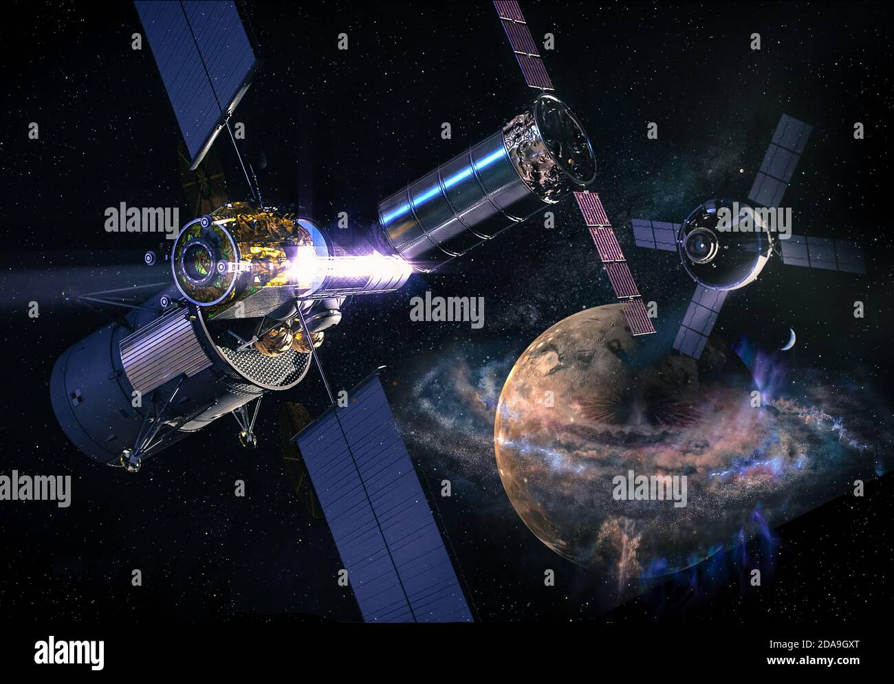 Le astronavi esplorano un universo lontano e un pianeta alieno. Collage. Elementi di questa immagine forniti dalla NASA. Foto Stock