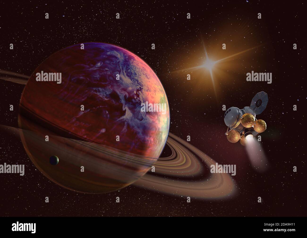 Astronave in orbita del pianeta Saturno. Esplorazione dello spazio. sci-fi wallaper. Elementi di questa immagine forniti dalla NASA Foto Stock