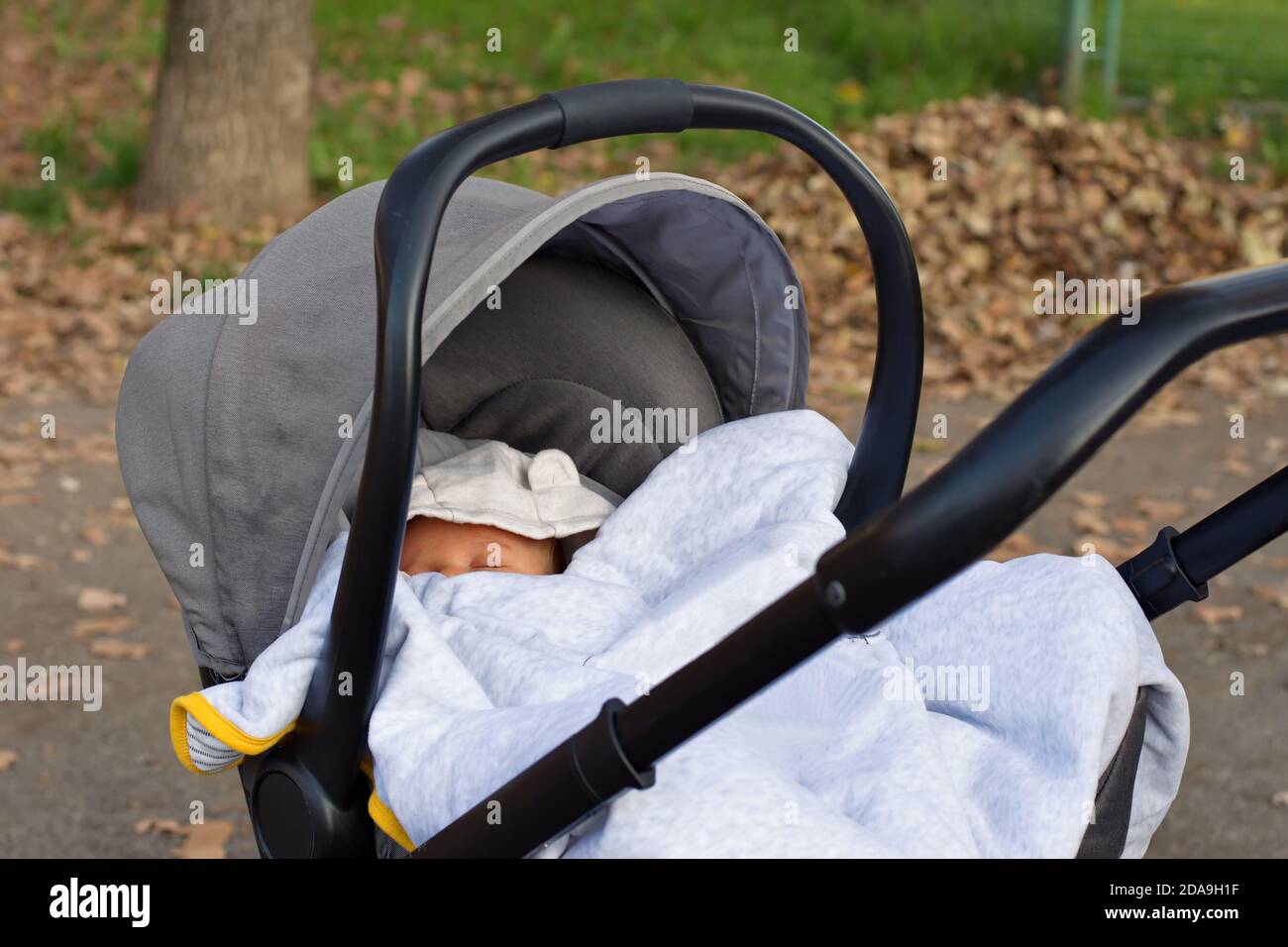 Primo piano di passeggino con neonato nel parco Foto stock - Alamy