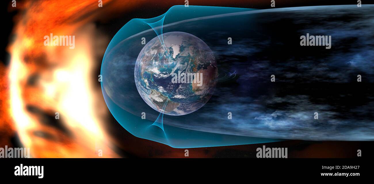 Proteggere la Terra dal vento solare, il vento solare che urta contro il campo magnetico terrestre. Elementi di questa immagine forniti dalla NASA. Foto Stock