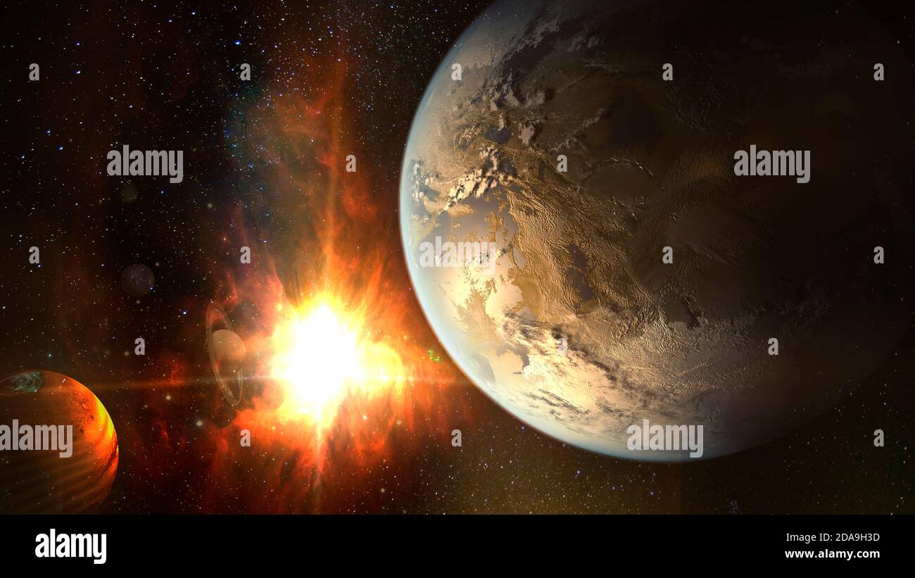 Esplorazione exoplanet, fantasia e paesaggio surreale. Elementi di questa immagine forniti dalla NASA. Foto Stock