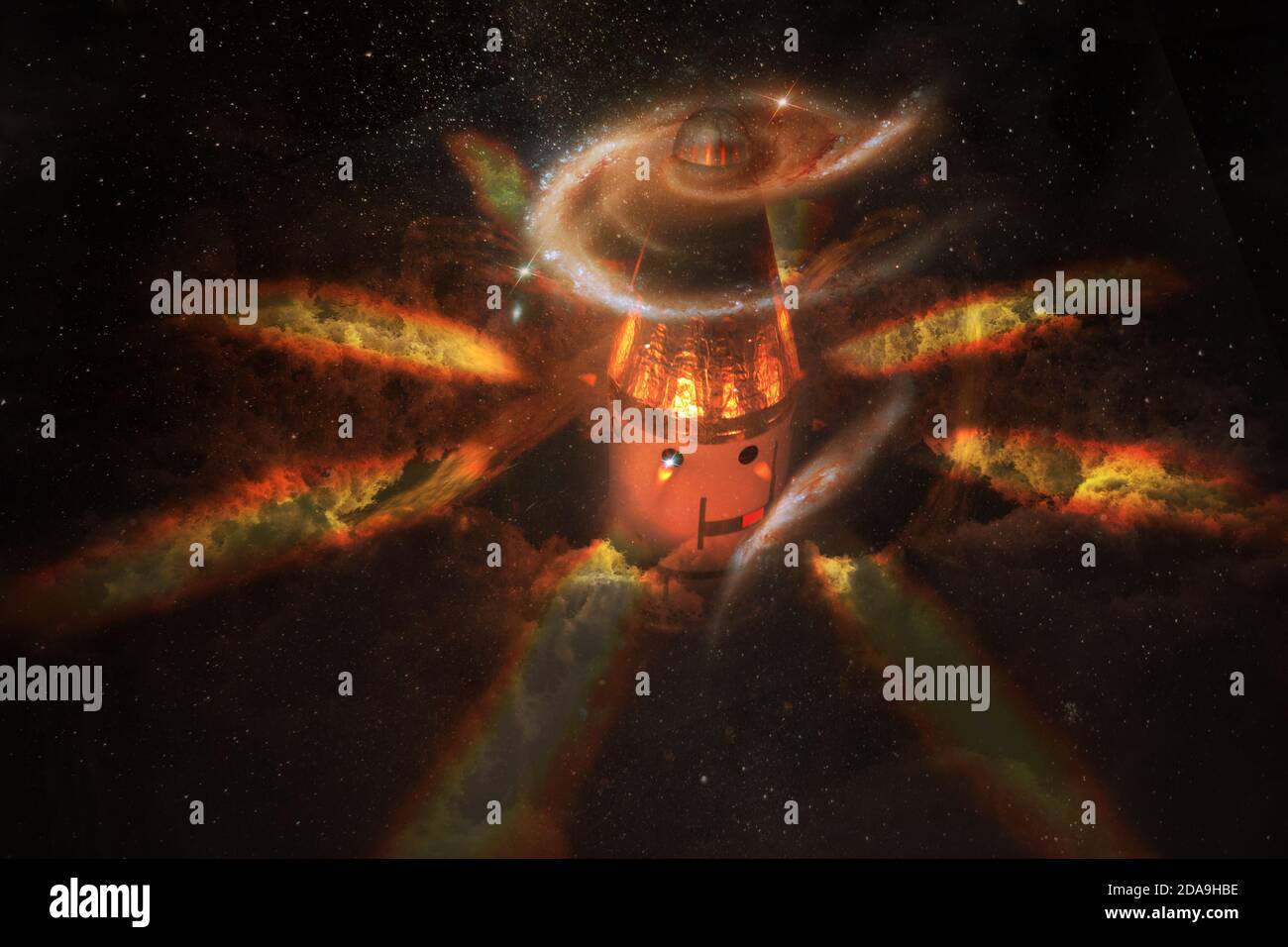 Lancio della navicella spaziale in uno stile di carattere cartoon con fiamme e nuvole di stelle intorno e galassia a spirale nella parte anteriore di. Elementi di questa immagine furni Foto Stock