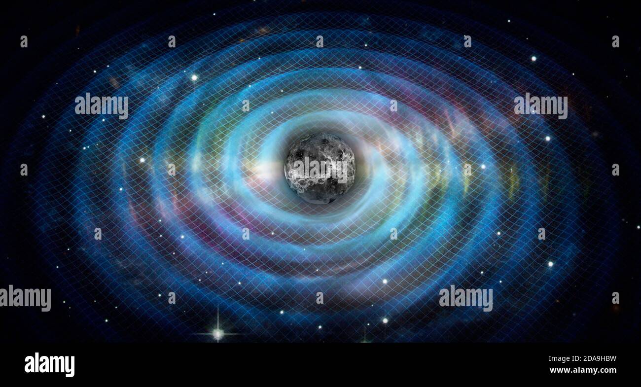 Influenza della gravità. Spazio distorto. Mesh arrabbiata scura. Elementi di questa immagine forniti dalla NASA. Foto Stock