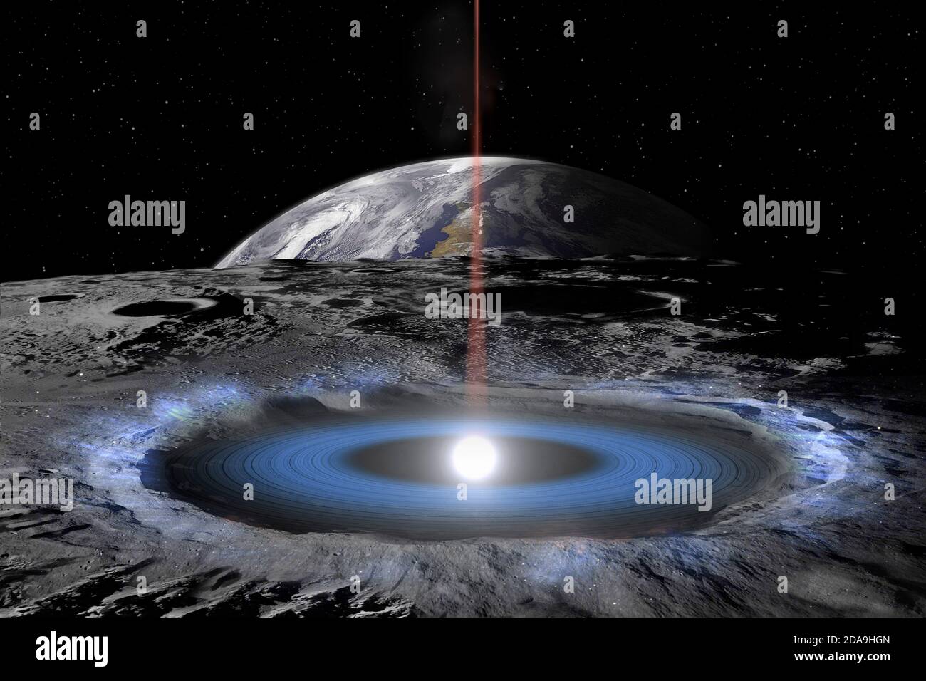 Alieno portello nel cratere della luna e raggio laser diretto verso la terra. Panorama fantascientifico. Elementi di questa immagine forniti dalla NASA. Foto Stock