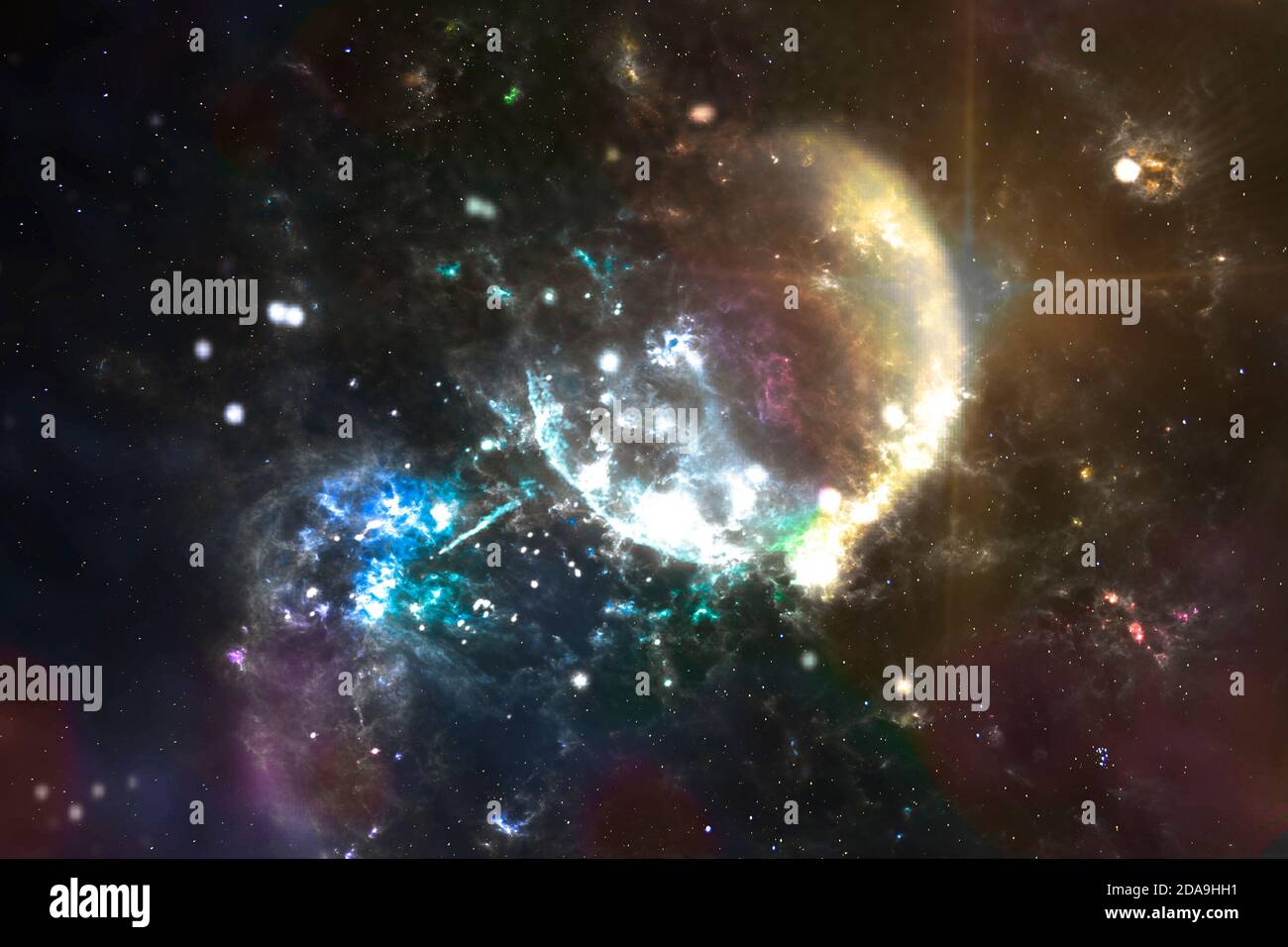 Pianeta extrasolare con luna su fondo nebulosa. Pianeti dello spazio profondo, fantascienza immaginazione del paesaggio del cosmo. Elementi di questa immagine fornisce Foto Stock