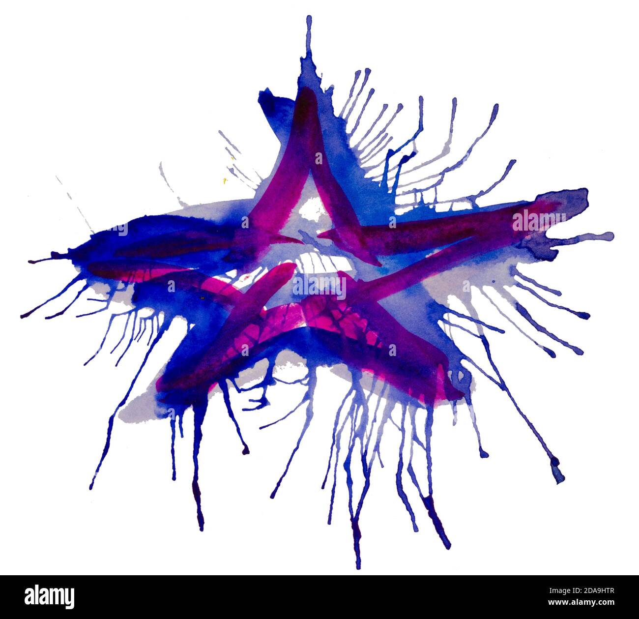Astratto segno di stella acquerello disegnato a mano isolato su sfondo bianco. Macchie blu si sono formate sulla vernice a causa della soffiatura Foto Stock