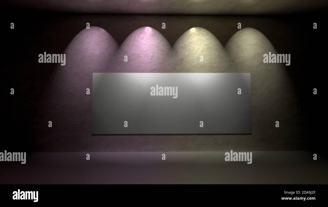 Interno scuro grunge con lampade e cartelloni vuoti mock-up, rappresentazione 3d. Foto Stock