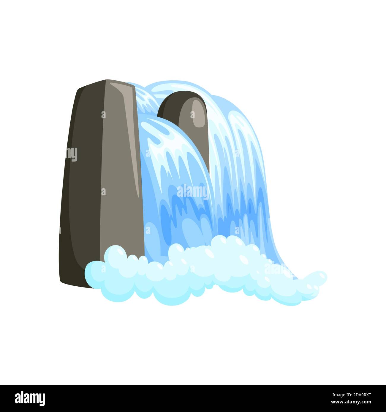 Cascata cascata in spruzzi giù con schiuma. Cascata isometrica di acqua in scenario roccioso isolato su sfondo bianco. Illustrazione vettoriale nel cartone Illustrazione Vettoriale