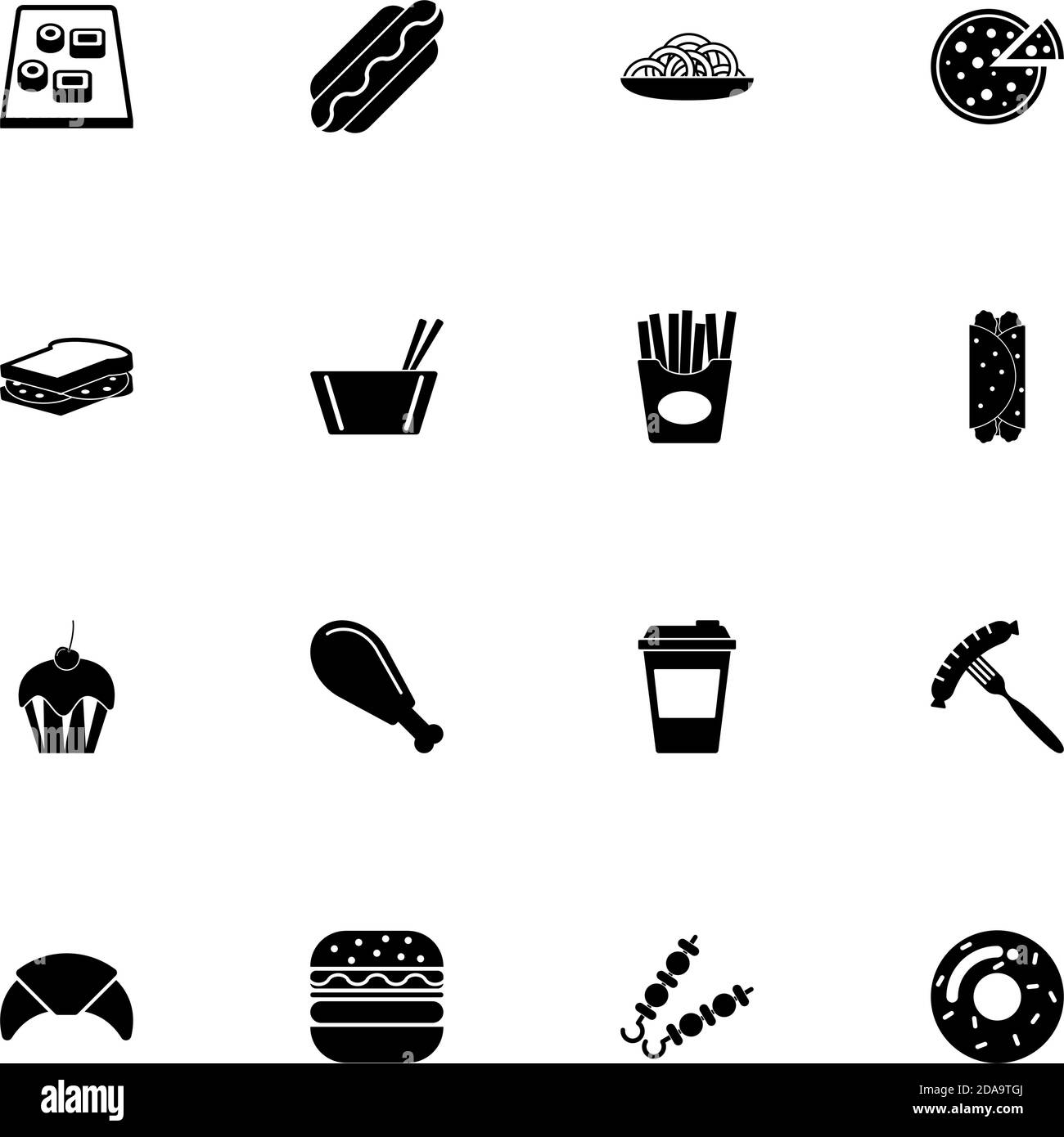 Icona Fast Food - Espandi a qualsiasi dimensione - Cambia a qualsiasi colore. Perfect Flat Vector contiene icone come pane, pesce, frutta, hot dog, manzo, hamburger, chic Illustrazione Vettoriale