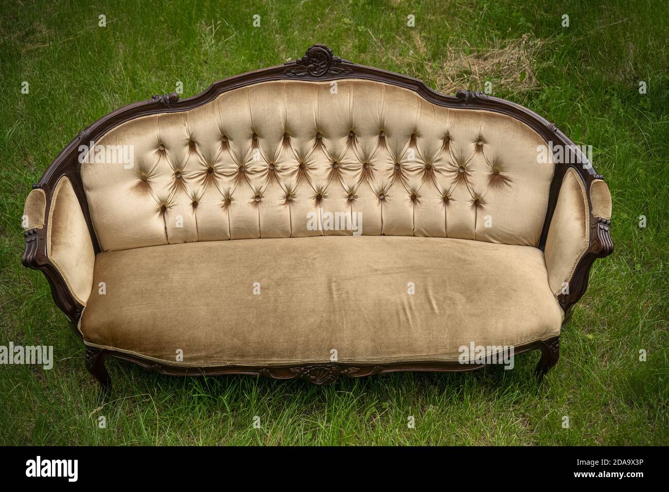 Comodo vecchio divano sullo sfondo di prato verde il giorno d'estate. Lussuosi mobili vintage sul cortile. Vista dall'alto. Concetto di relax Foto Stock