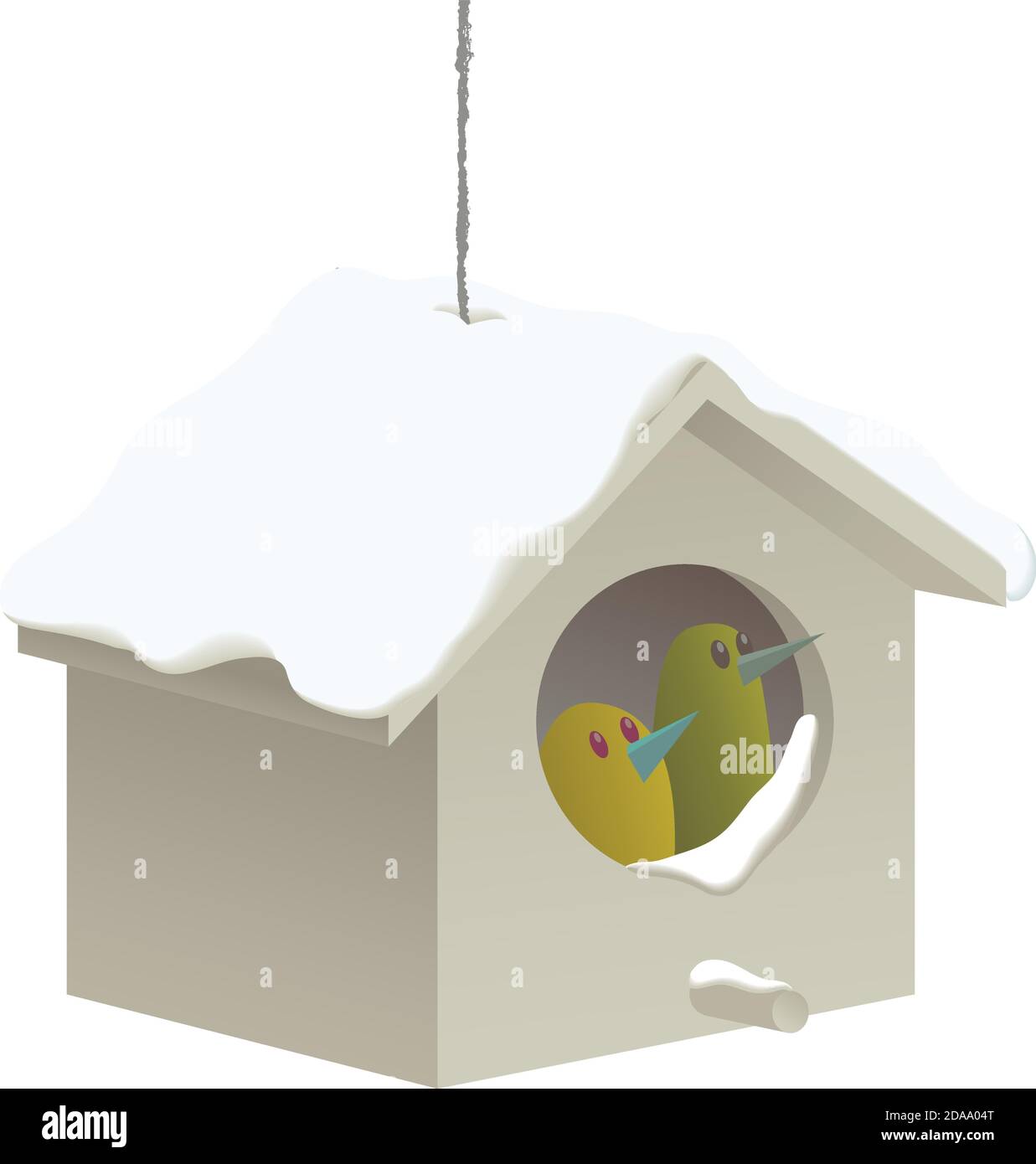 Illustrazione vettoriale di due piccoli uccelli in una scatola di nido in una fredda giornata invernale. Illustrazione Vettoriale