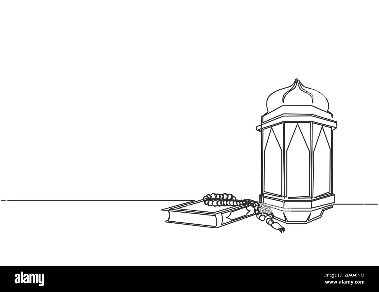 Biglietto d'auguri Ramadan Kareem, poster e banner. Disegno unico continuo di ornamento islamico quran kitab, tasbih e lampada a lanterna. Musli Illustrazione Vettoriale