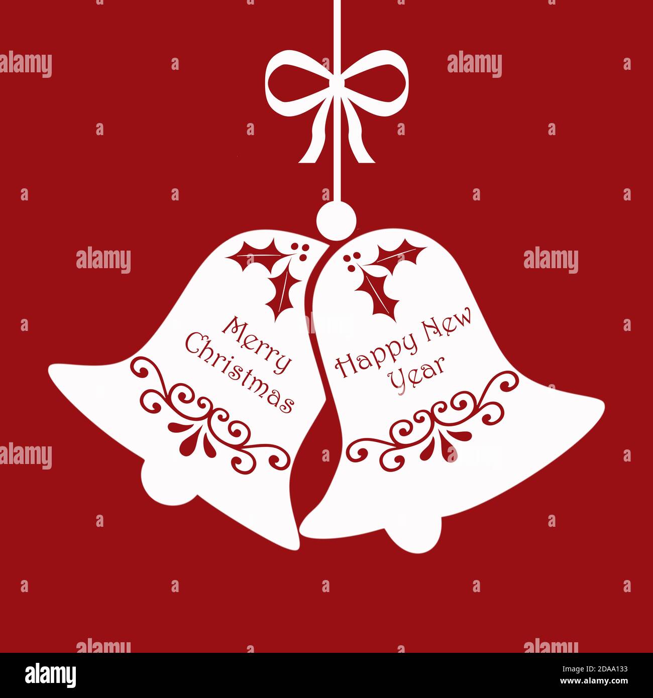 Campane bianche appese su uno sfondo rosso. Quadro biglietto d'auguri illustrazione con il messaggio buon Natale e Felice Anno Nuovo. Foto Stock