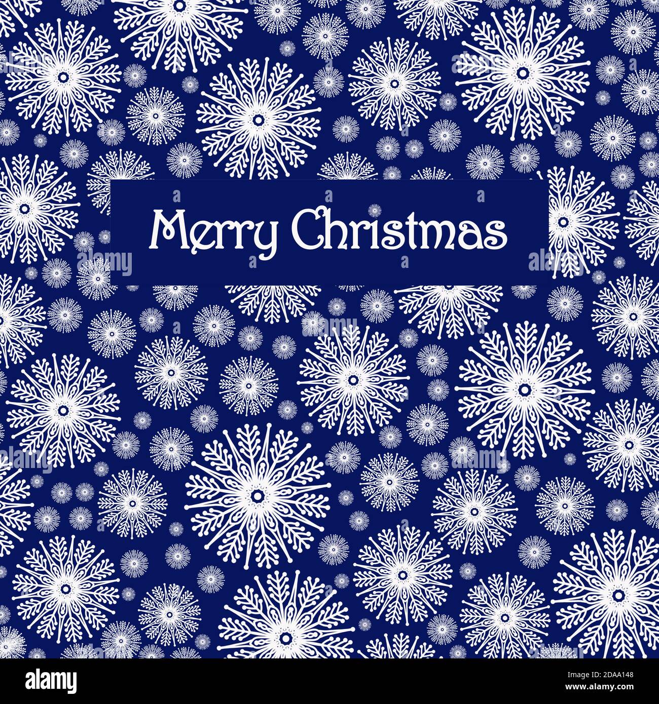 Fiocchi di neve bianchi su sfondo blu. Illustrazione quadrata del design del biglietto d'auguri con il message Buon Natale. Foto Stock