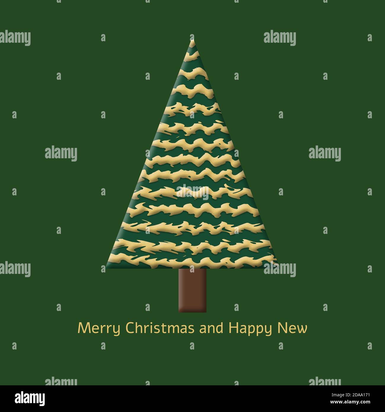 albero di Natale a forma di triangolo 3d con fasce in oro a forma di tindel su sfondo verde. Illustrazione del design del biglietto d'auguri. Foto Stock
