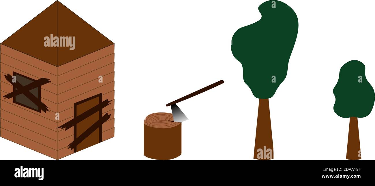 Vecchia casa abbandonata. Moncone con ascia. Alberi di dimensioni diverse. Illustrazioni vettoriali isolate isometriche. Elementi di progettazione Illustrazione Vettoriale