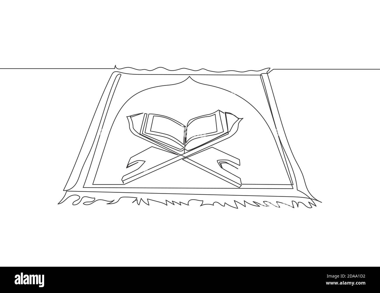 Un disegno di linea continuo di Sajadah, tappeto che usa per pregare per i musulmani e corano sopra. Culto di persona musulmana concetto di linea singola disegno d Illustrazione Vettoriale