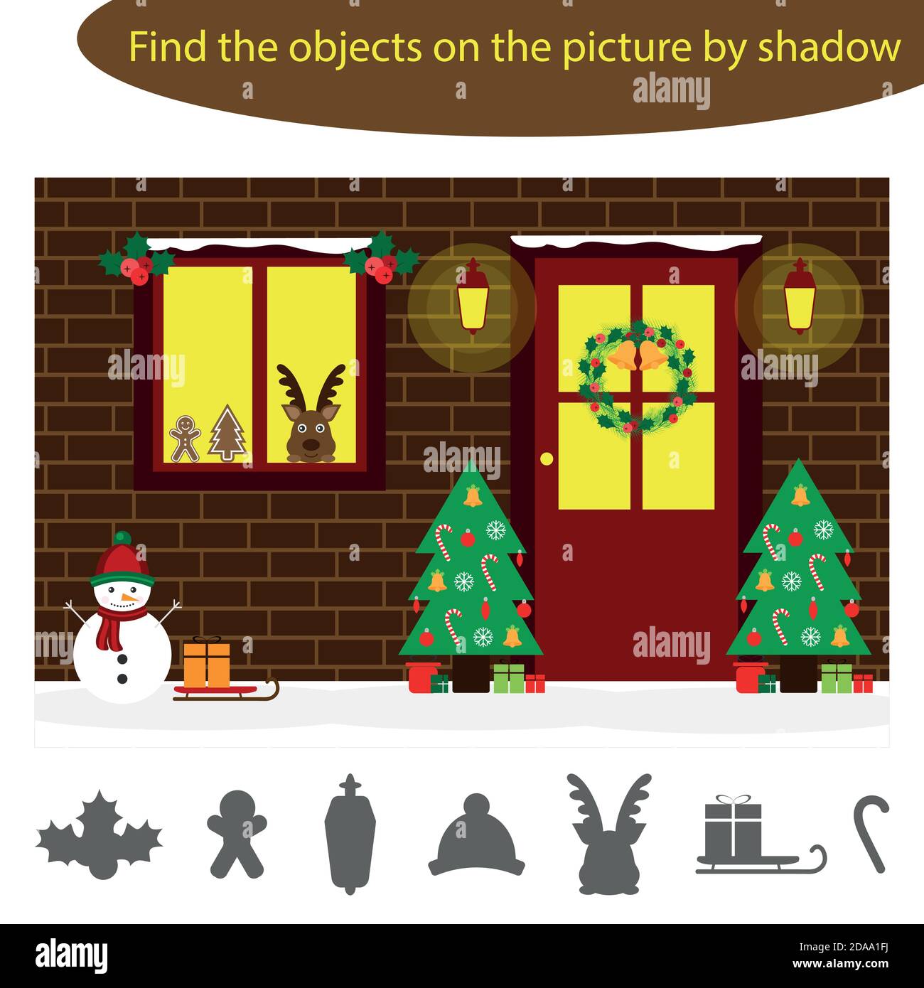 Trova gli oggetti per ombra, gioco per bambini porta di natale in stile cartone animato, gioco di istruzione per i bambini, attività foglio di lavoro prescolare, attività per il Illustrazione Vettoriale