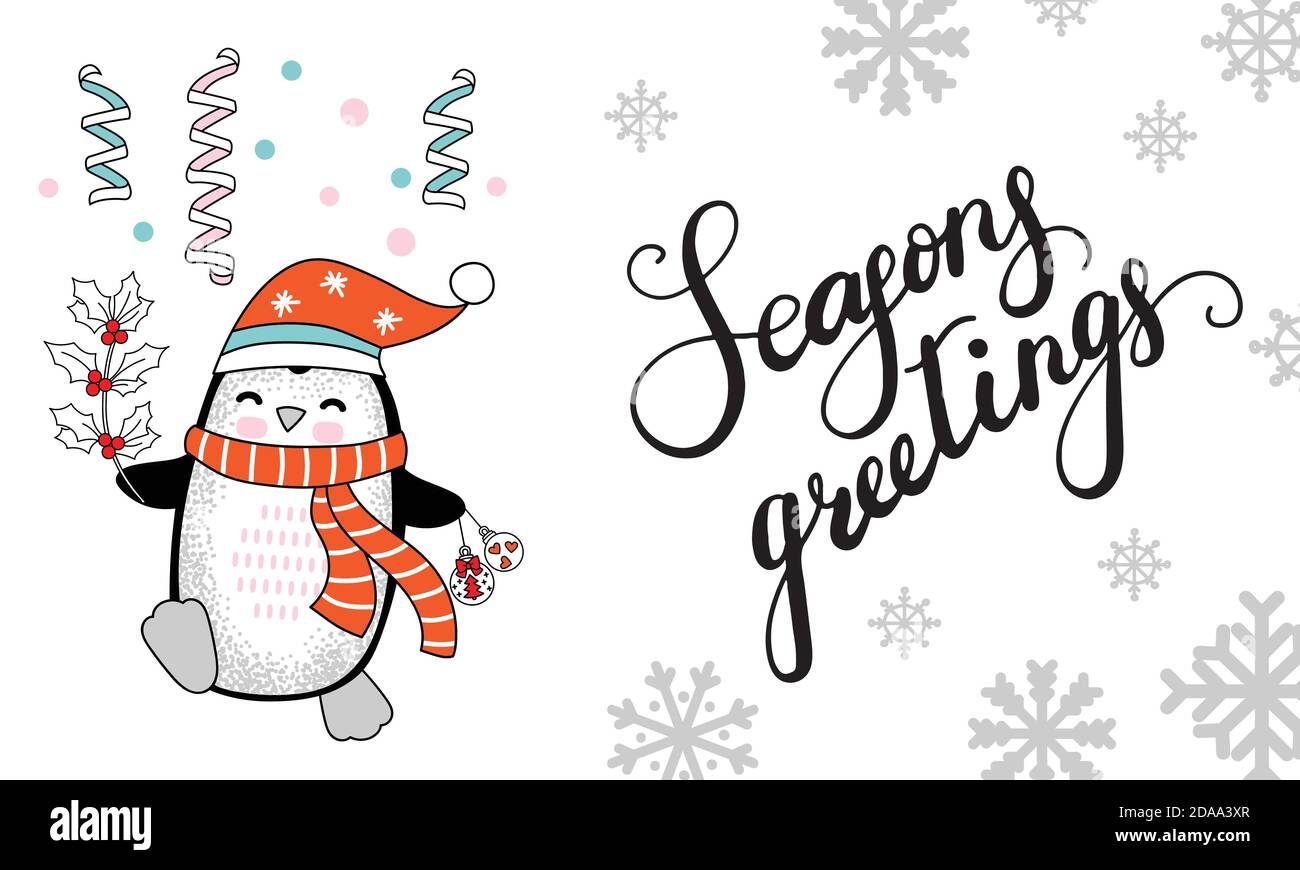 Vettore orizzontale Natale carta pinguino stagioni saluto Illustrazione Vettoriale