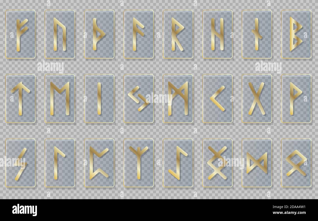 Rune in vetro con simboli dorati. Oggetti vettoriali isolati su uno sfondo trasparente. Illustrazione Vettoriale