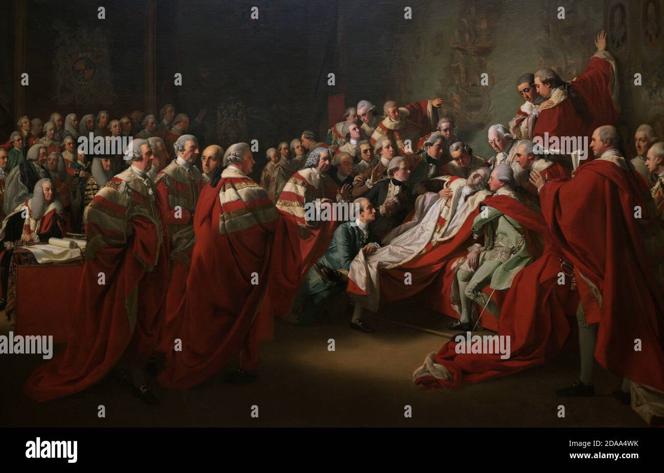 La morte del conte di Chatham. Dipinto di John Singleton Copley (1737-1815). Raffigura il crollo di William Pitt, i conte di Chatham, nella Casa dei Lord, il 7 aprile 1778. Chatham è circondato dai suoi tre figli e dal suo genero (Lord Mahon) e sostenuto dai Duchi di Cumberland e Portland. Olio su tela, 1779-1781. Dettaglio. National Portrait Gallery. Londra, Inghilterra, Regno Unito. Foto Stock