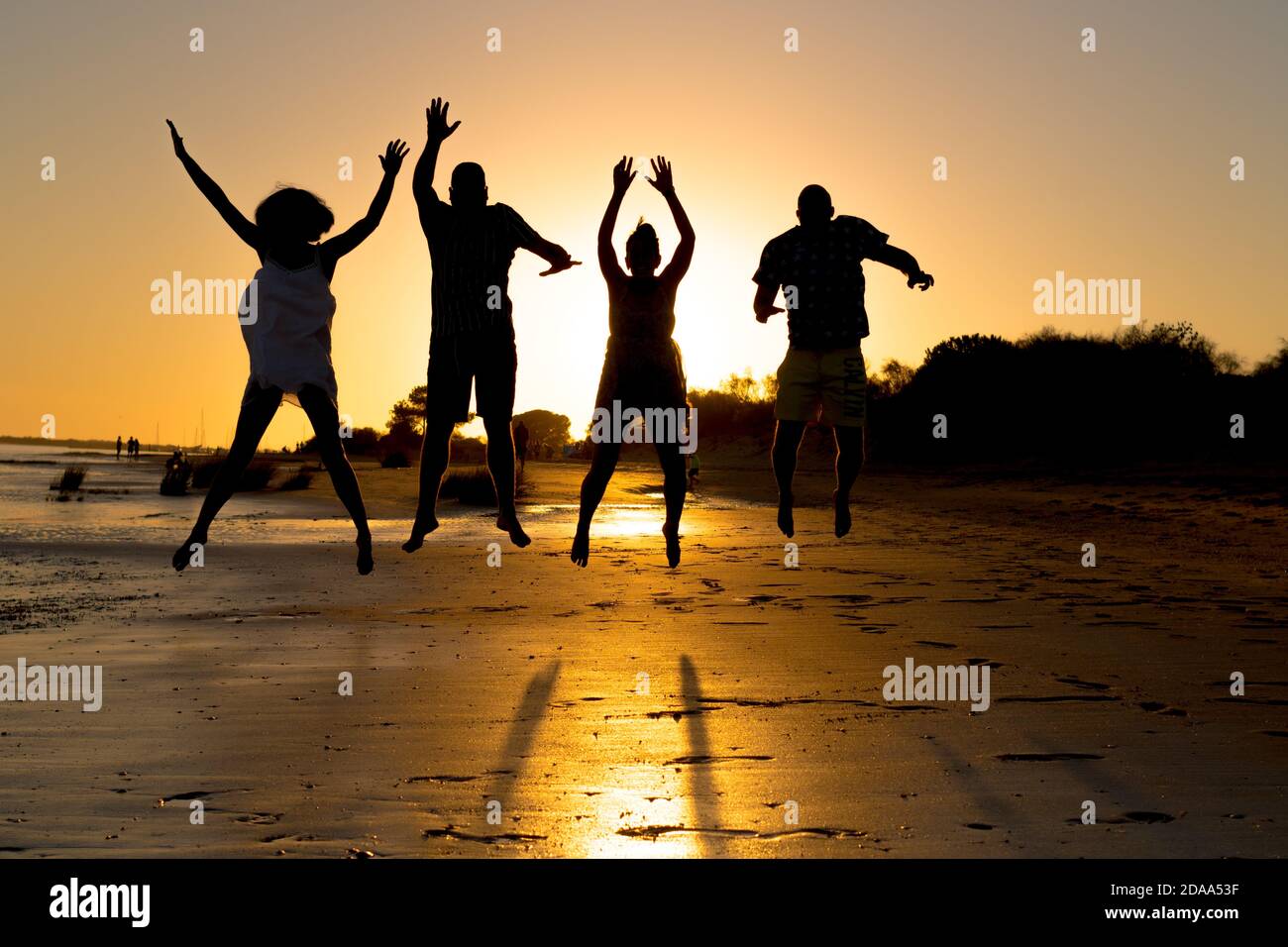 silhouette di un gruppo di giovani amici che sono felici mentre si divertono a saltare e correre sulla spiaggia a. tramonto durante le vacanze estive Foto Stock