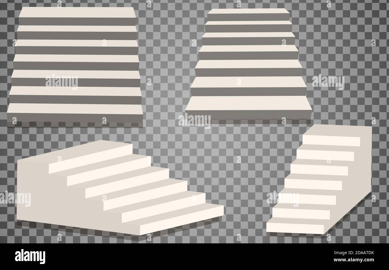 Set di scale bianche. Scala isolata, scala 3d. Elemento di architettura scala a gradini, illustrazione vettoriale, eps 10 Illustrazione Vettoriale