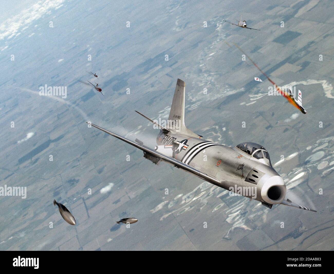 Combattenti Sabre del Nord America F86 in duello con i jet MiG15 durante la guerra coreana. Una combinazione di modelli in plastica e Photoshop. Foto Stock