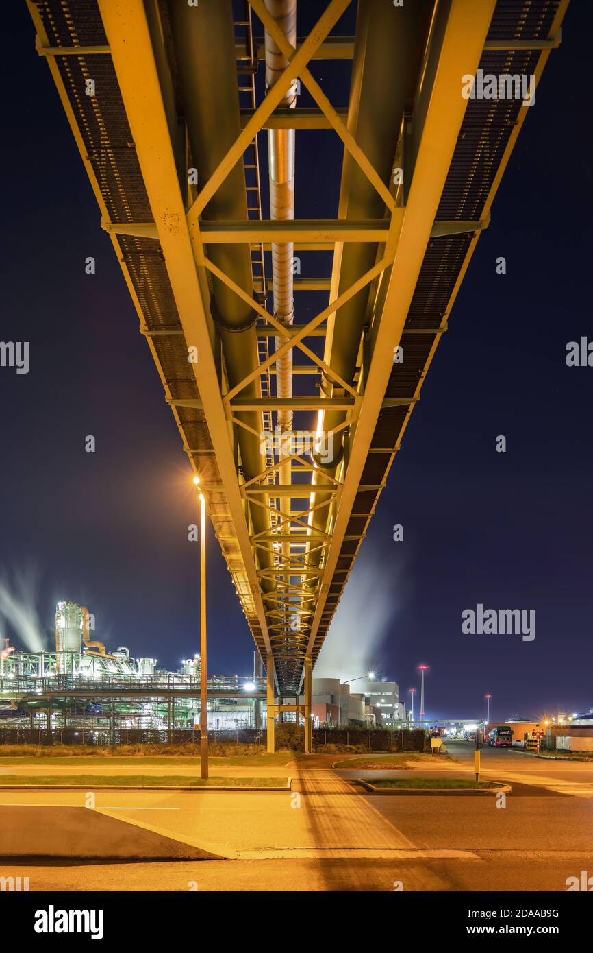 Scena notturna illuminata con produzione petrolchimica impianti e pipeline cavalcavia, Anversa, Belgio. Foto Stock