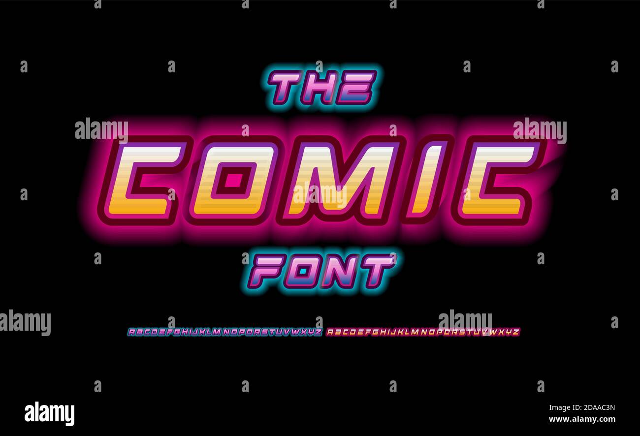 Alfabeto pop comic. Font al neon Light sbalorditivo, tipo Cartoon per il logo futuristico moderno, titolo brillante, scritta fumetto. Stile luminoso di colore notturno Illustrazione Vettoriale