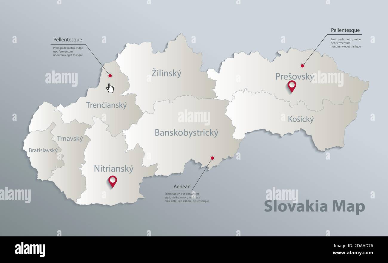 Slovacchia mappa, divisione amministrativa con nomi Repubblica Slovacca, carta bianca blu vettore 3D Illustrazione Vettoriale