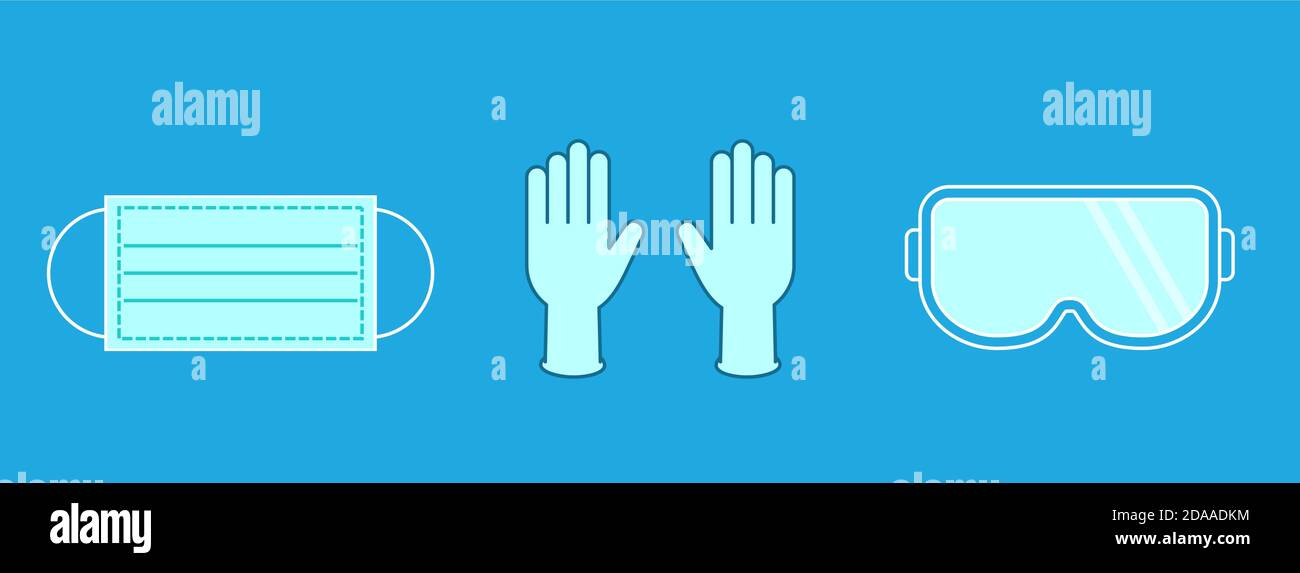 Set di icone colorate per maschere di protezione, guanti e occhiali. Dispositivi medici di protezione personale, simboli DPI. Prevenzione del coronavirus. Attrezzature di sicurezza. Illustrazione Vettoriale