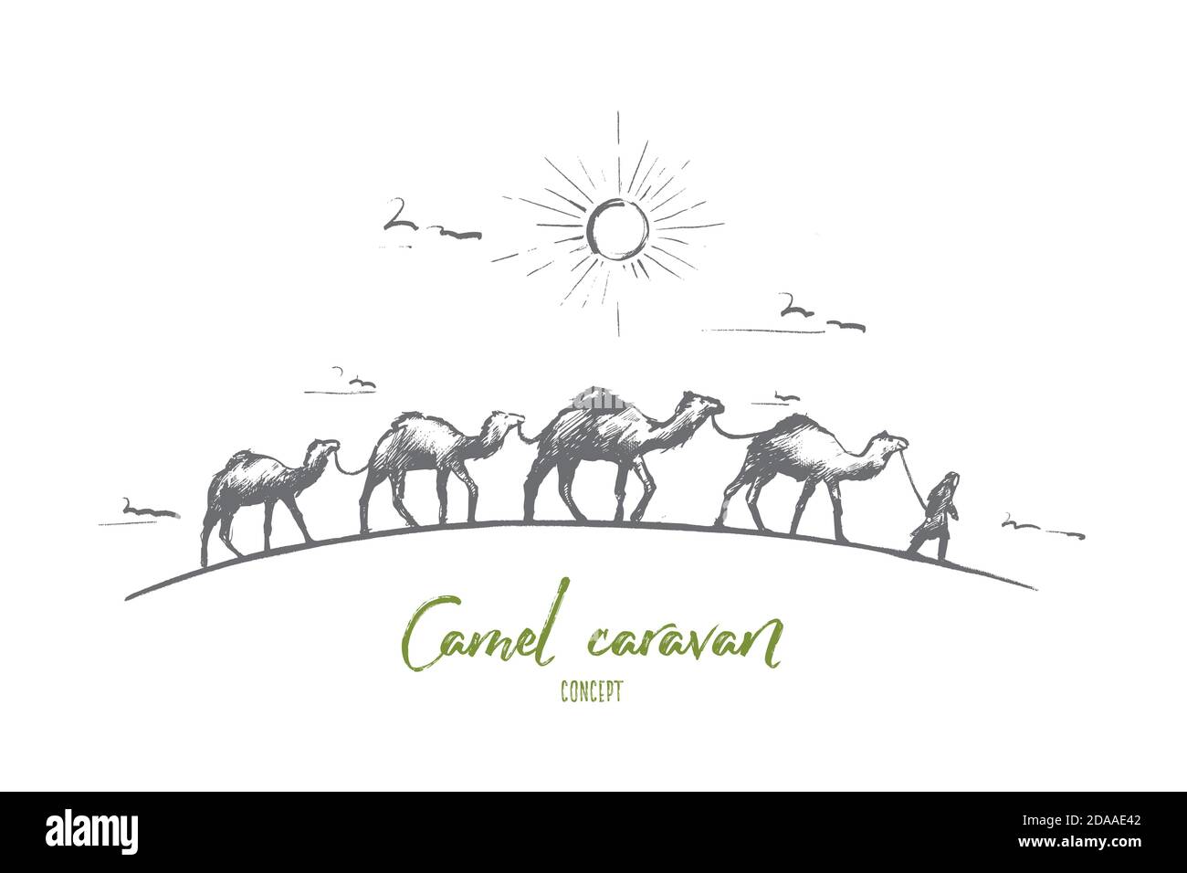 Concetto di caravan a cammello. Vettore isolato disegnato a mano. Illustrazione Vettoriale