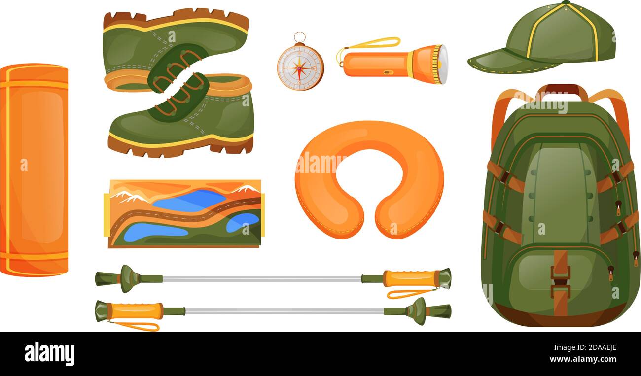 Attrezzatura da trekking piatto colore oggetti vettoriali set Illustrazione Vettoriale